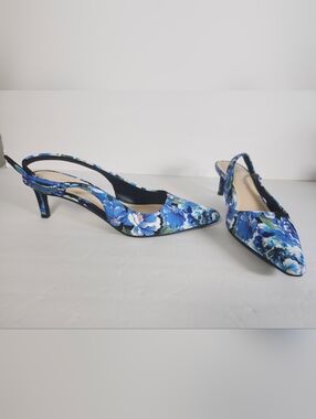 Nine West Blue White Floral Fabric Slingback Almond Toe High Heels Shoes S 6M